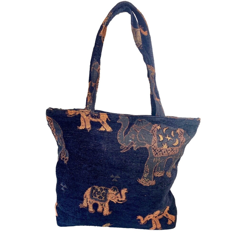 Elephant Tote Shopping Bag Black Woven Beaded India 15 x 13 Double Handle Large